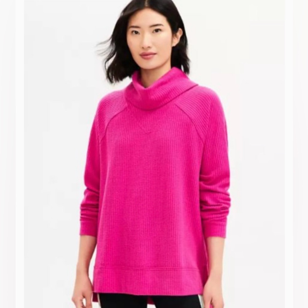 SOLD! Cozy Lou & Grey Waffle-Stitch Seamed Turtle Neck Tunic, Vibrant Pink, Sz S